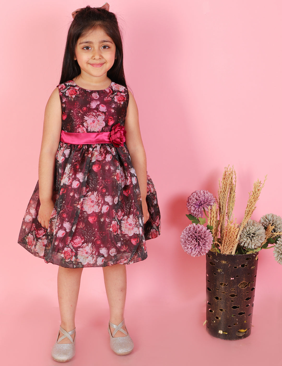 Girl's Stylish Floral Print Ballon Dress-Black - Lil Peacock