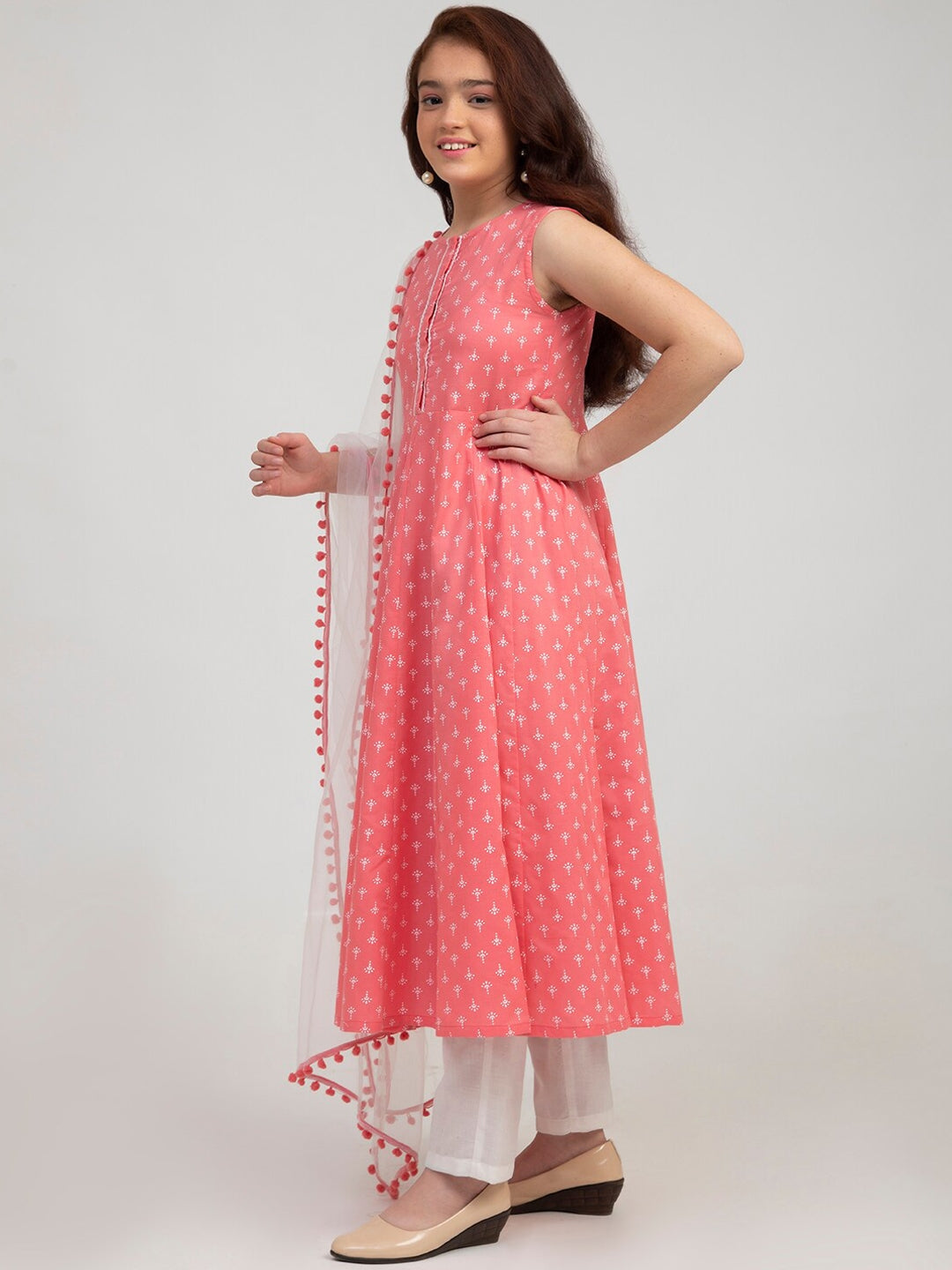 Girl's Pink Ethnic Motifs Printed Pure Cotton Kurta with Trousers & With Dupatta - NOZ2TOZ KIDS