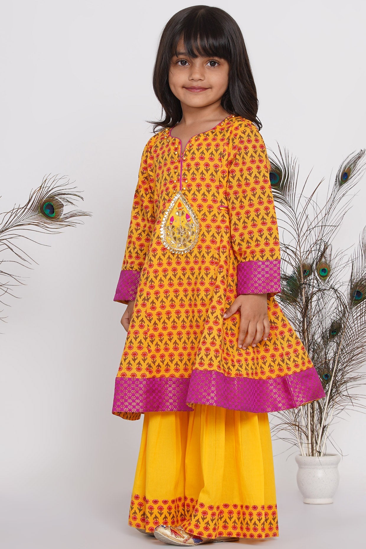 Girl's Cotton Jaipuri Princecut Kurta Frock With Booti Work, Sharara And Dupatta - Yellow - Little Bansi Girls
