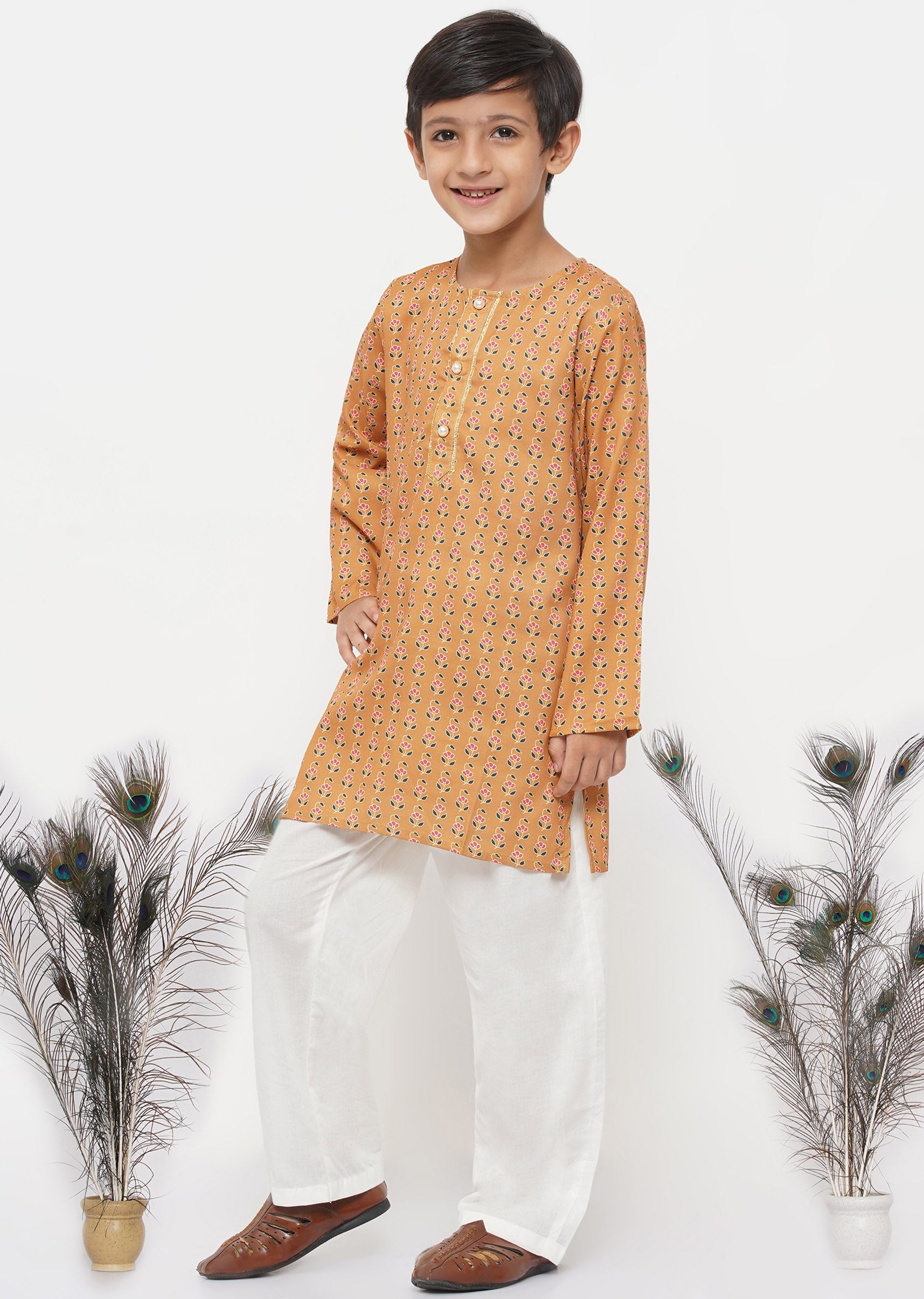 Boy's Cotton Silk Floral Kurta With Pearl Buttons And Pyjama - Orange And Cream - Little Bansi Boys