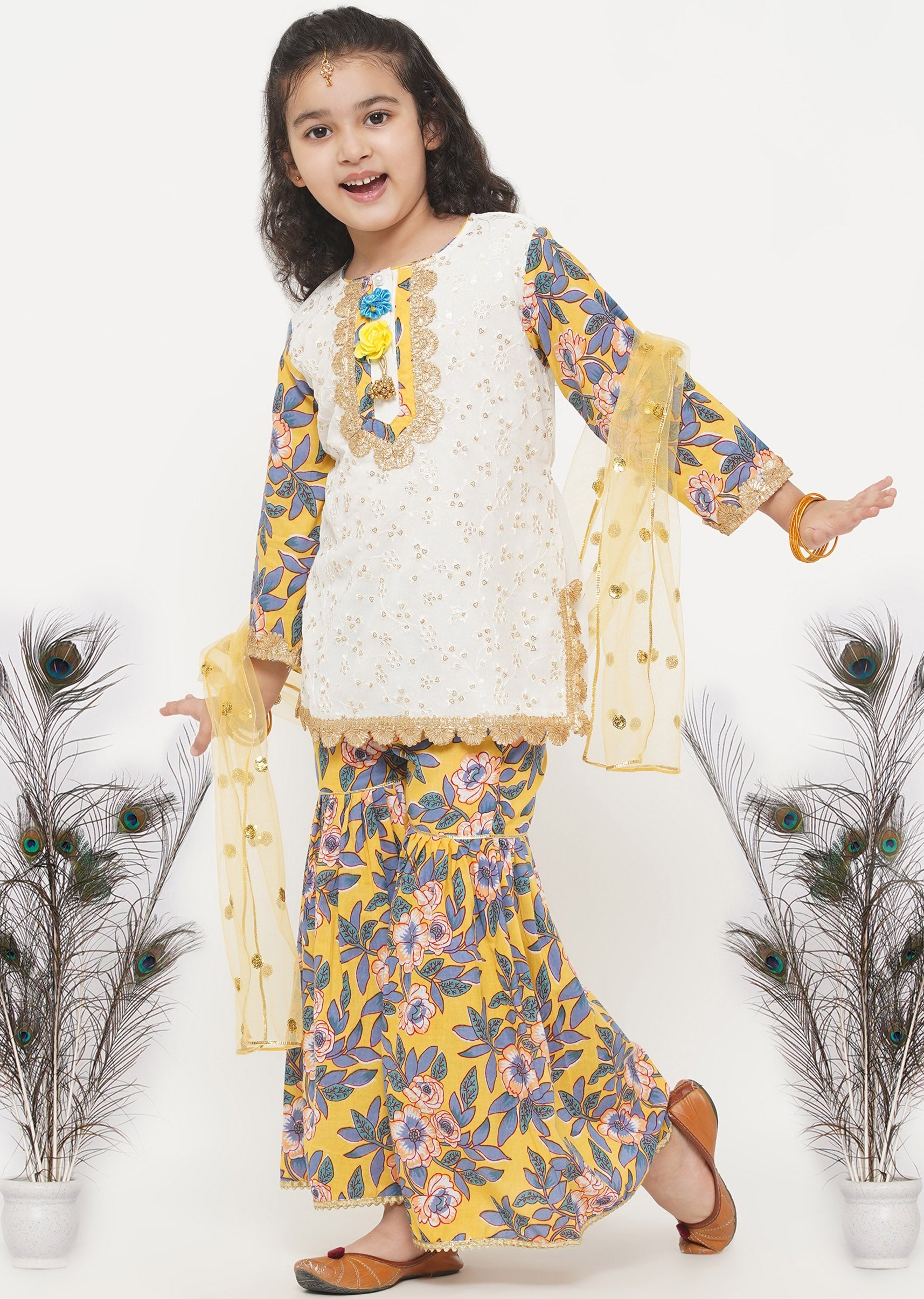 Girl's Cotton Floral Embroidery Kurta With Floral Detaling And And Floral Sharara With Dupatta - White And Yellow  - Little Bansi Girls