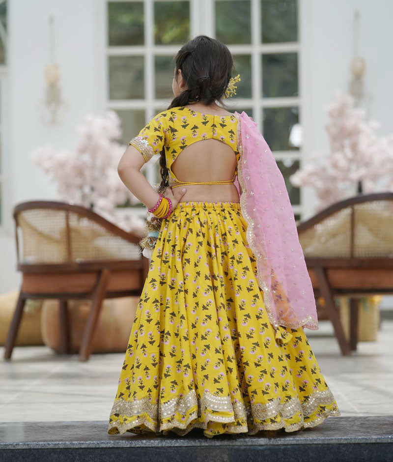 Girl's Yellow Printed Lehenga Choli And Organza Dupatta - Fayon Kids