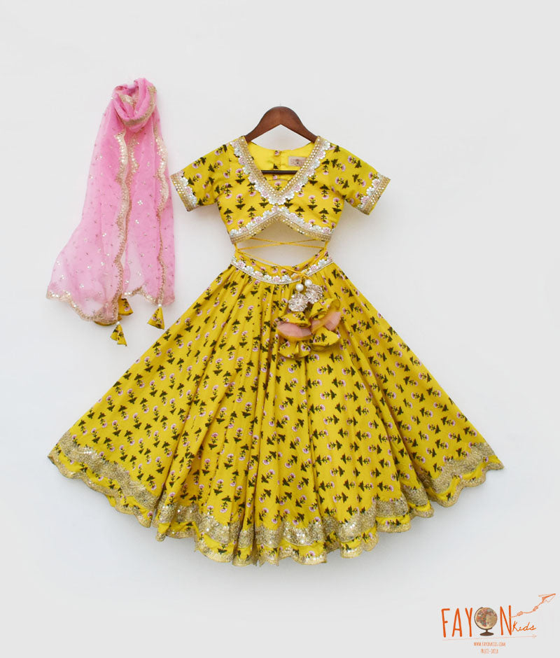 Girl's Yellow Printed Lehenga Choli And Organza Dupatta - Fayon Kids