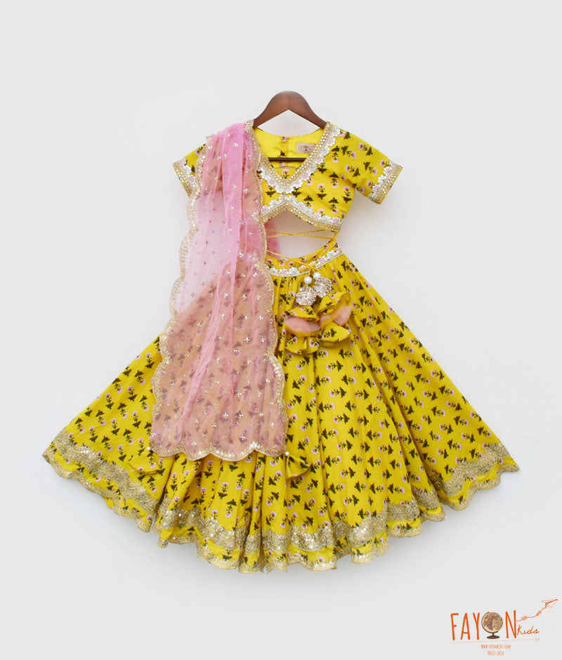 Girl's Yellow Printed Lehenga Choli And Organza Dupatta - Fayon Kids