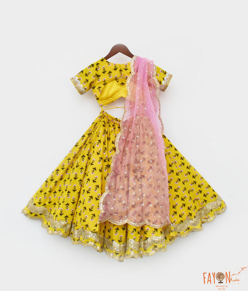 Girl's Yellow Printed Lehenga Choli And Organza Dupatta - Fayon Kids