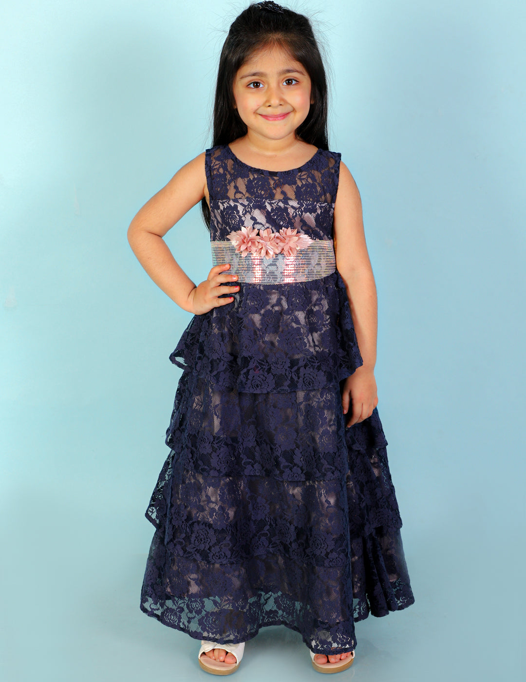 Girl's Stylish Layered Gown-Navy Blue - Lil Peacock