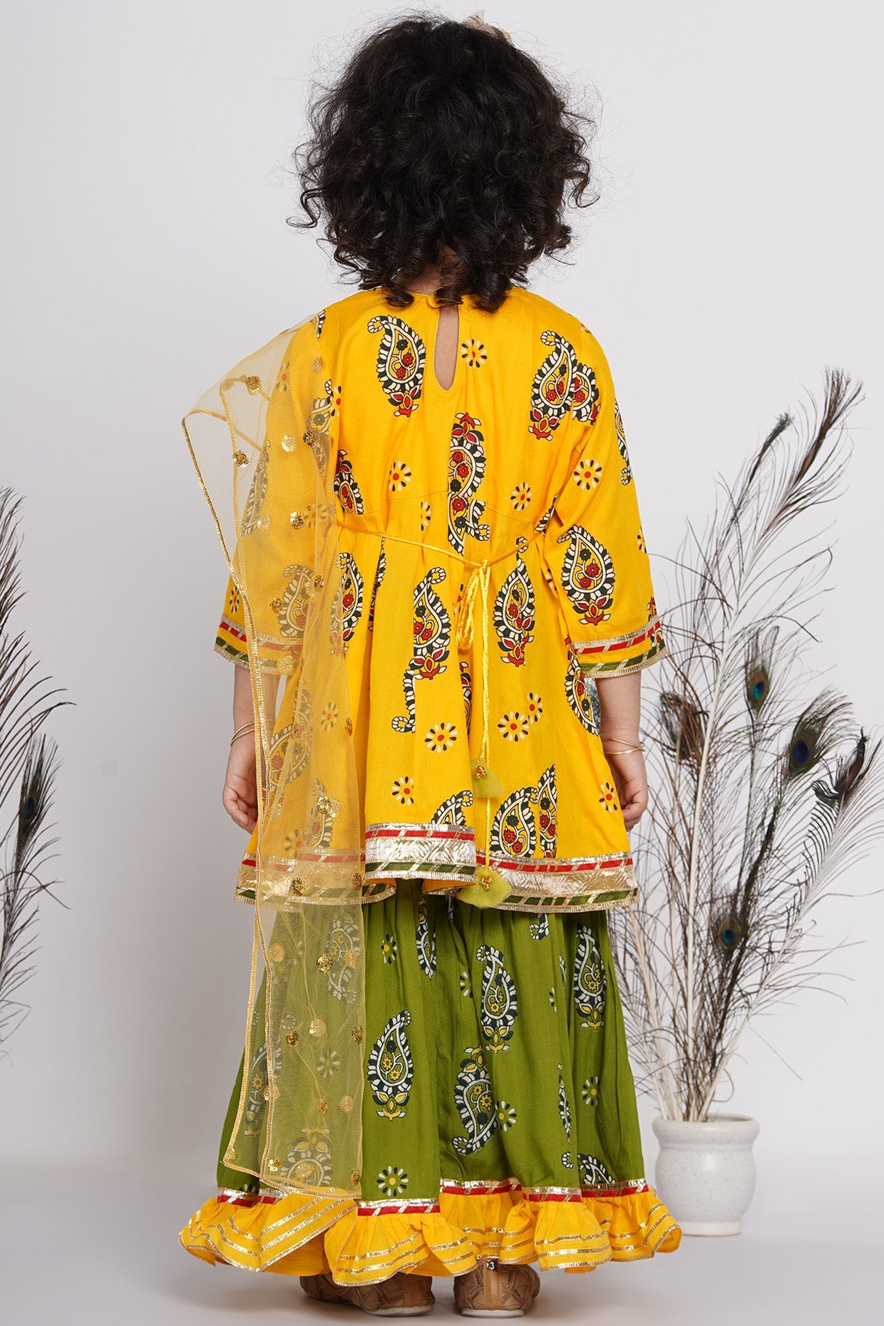 Girl's Cotton Floral Jaipuri Kurta With Gunghroo Work, Frill Sharara And Dupatta - Yellow And Green - Little Bansi Girls