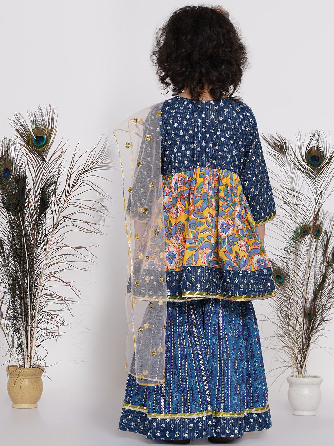 Girl's Floral Kurta with Indigo Floral Jacket with Sharara and Dupatta in Yellow and Blue - Little Bansi Girls