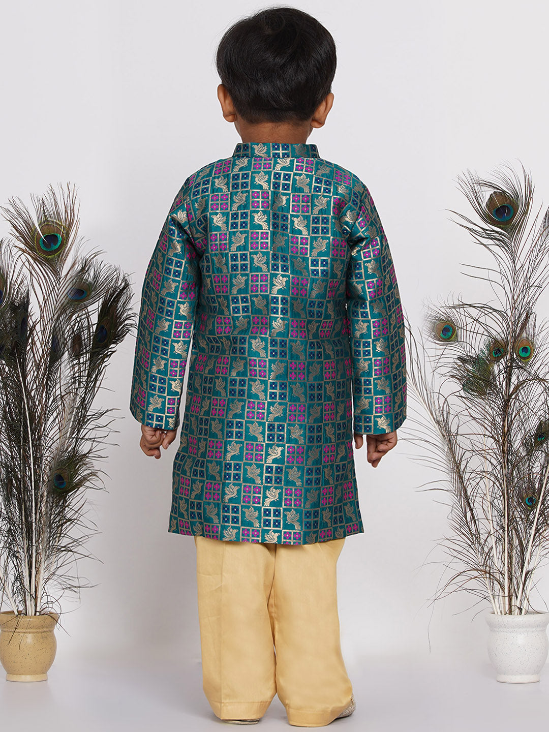 Boy's Peacock Banarsi Sherwani with Pyjama - Peacock Green and Beige - Little Bansi Boys