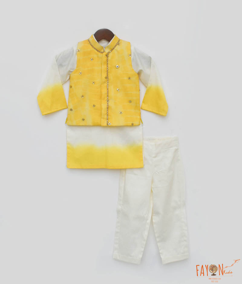 Boy's Yellow Organza Jacket With Kurta And Pant - Fayon Kids