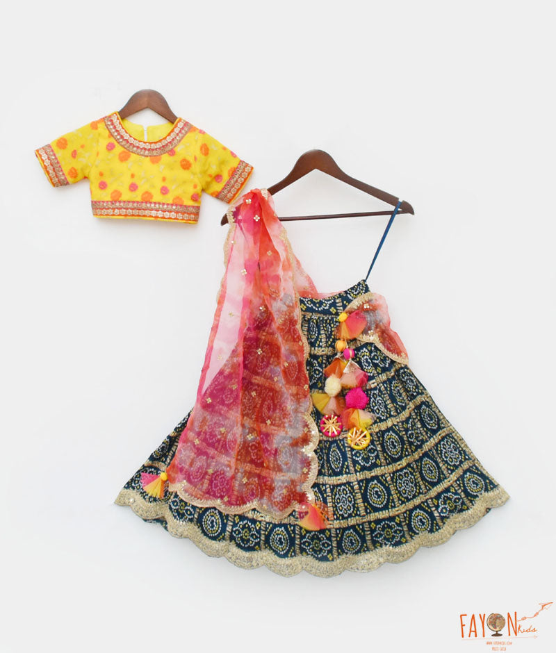 Girl's Yellow Brocade Choli Lehenga And Pink Organza Dupatta - Fayon Kids