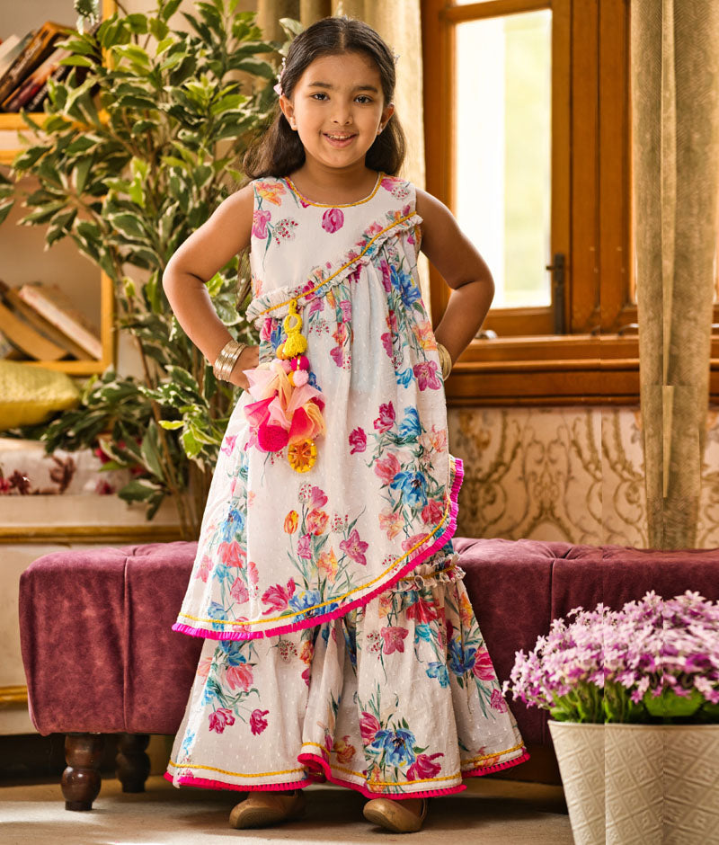 Girl's White Floral Print Kurti Sharara - Fayon Kids