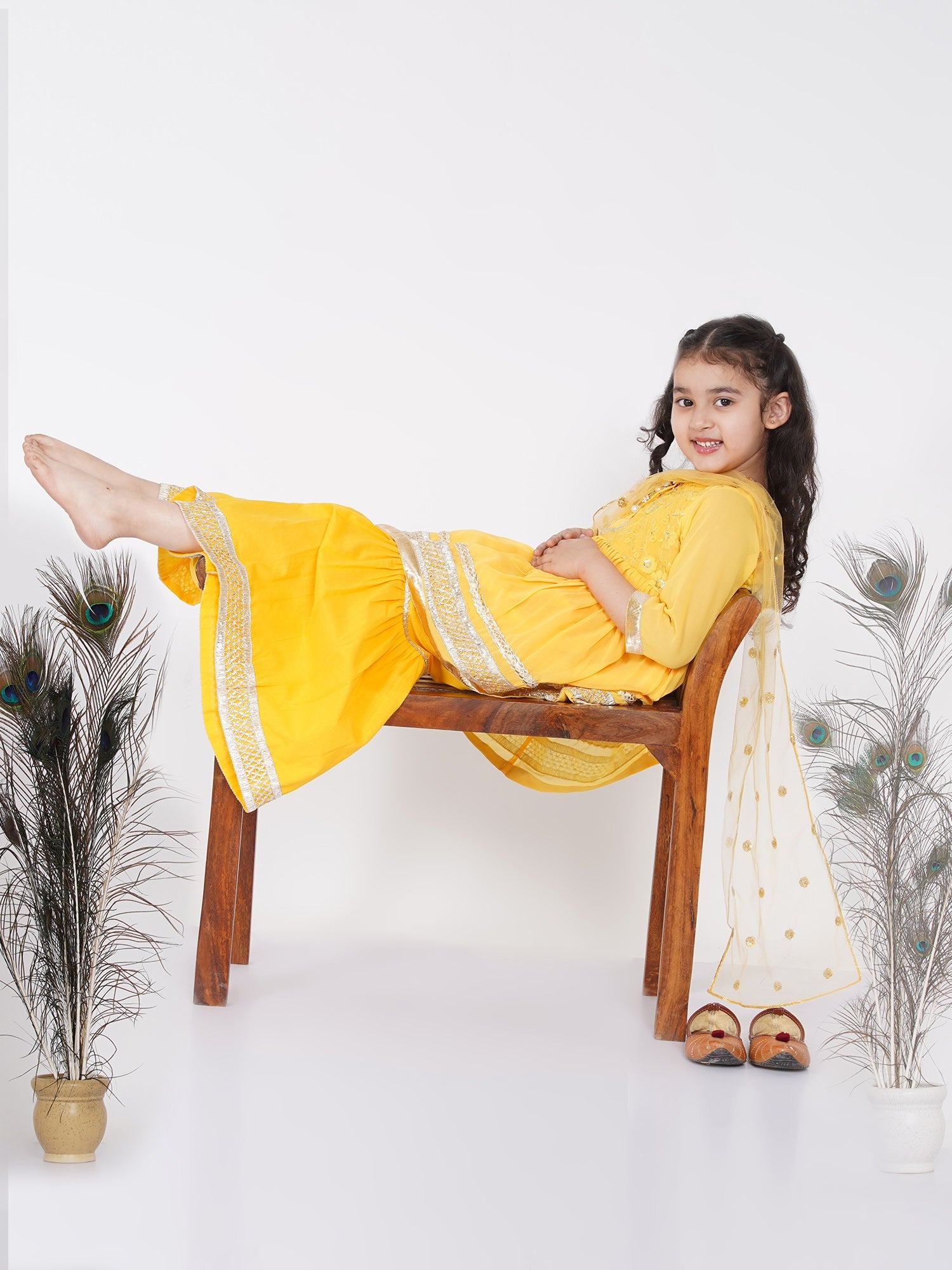 Girl's Cotton And Georgette Jaipuri Lacework And Gotta Patti Work Kurta Frock With Sharara And Dupatta - Yellow - Little Bansi Girls