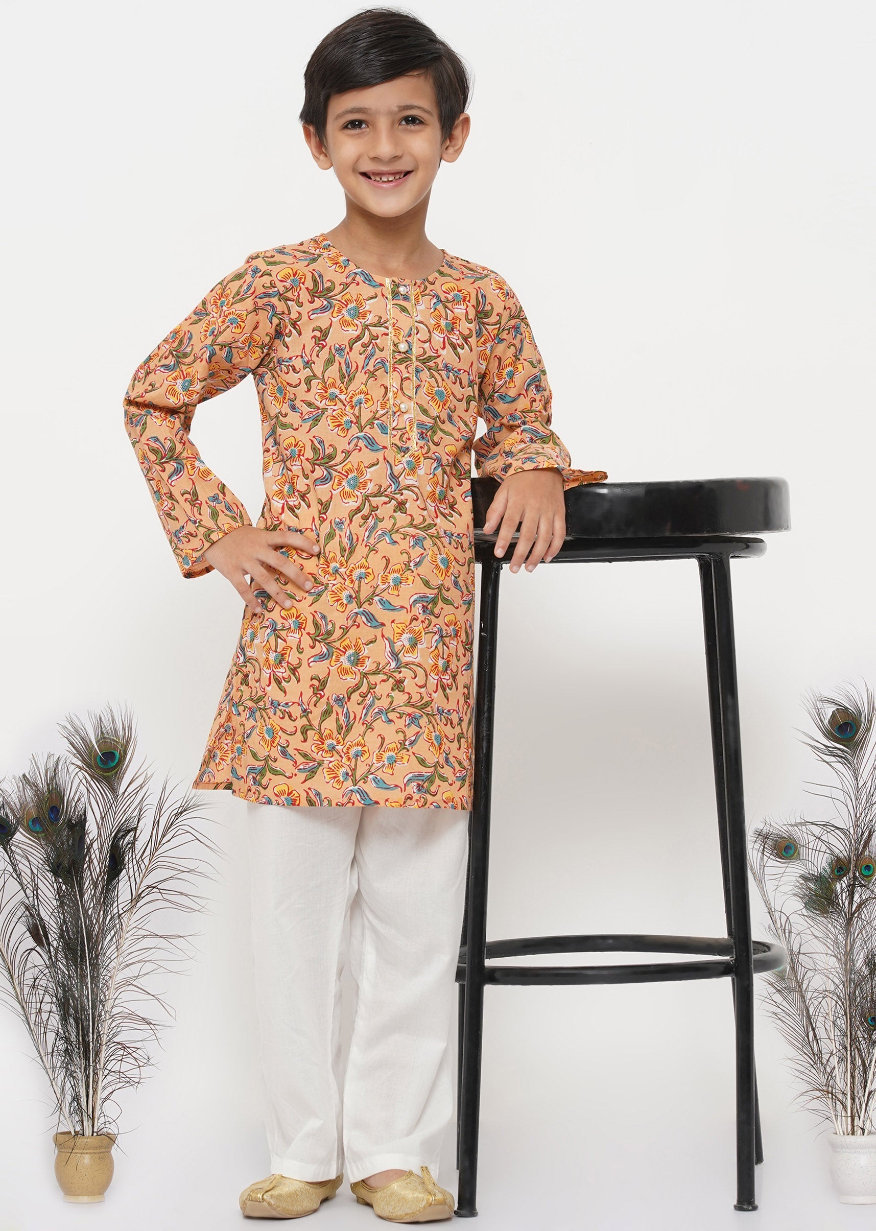 Boy's Cotton Block Print Floral Kurta With Pearl Buttons And Pyjama In Orange And Cream - Little Bansi Boys