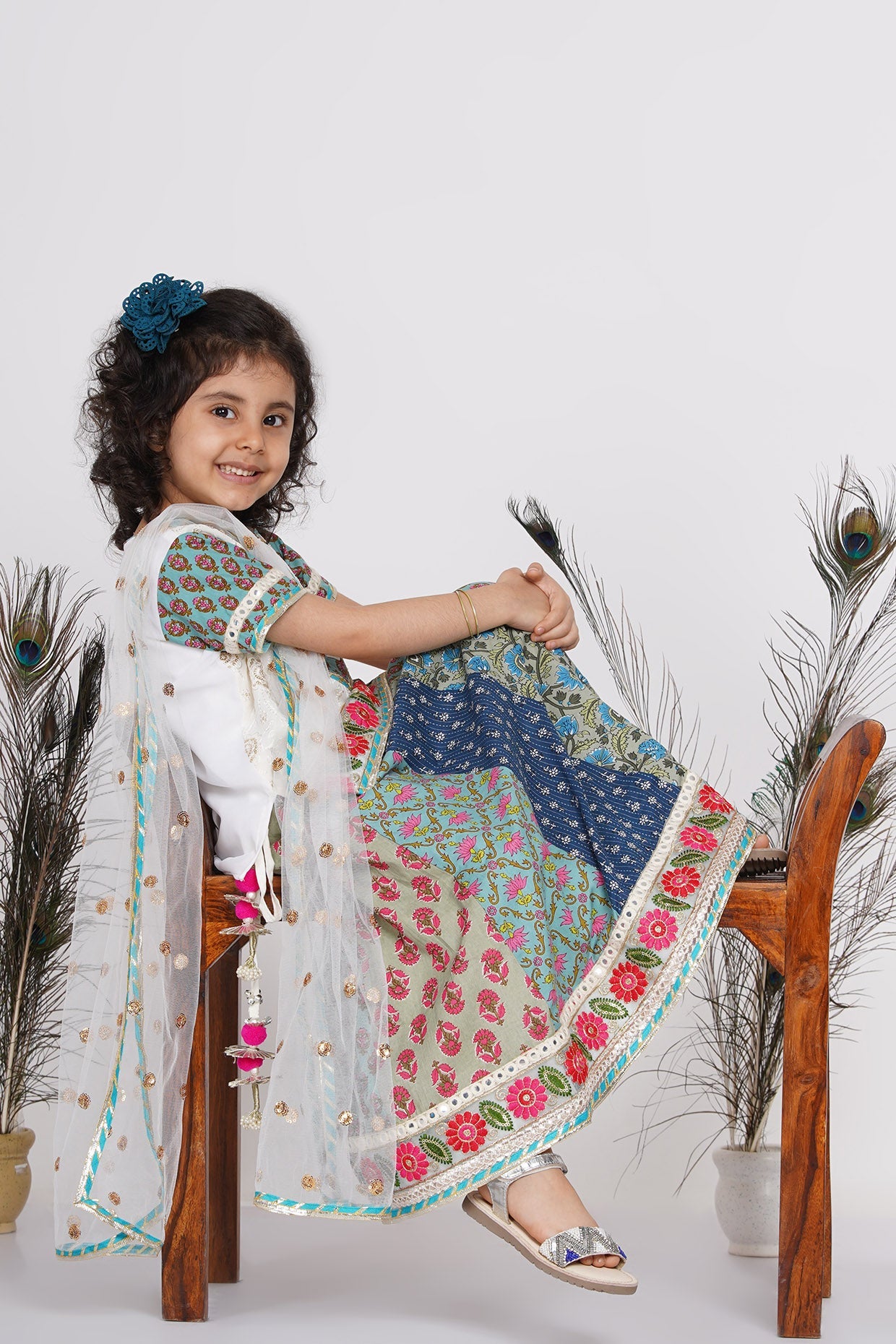 Girl's Cotton Floral Embroidery Kurta With Kali Work Lehenga And Tussel - White And Multicolor - Little Bansi Girls