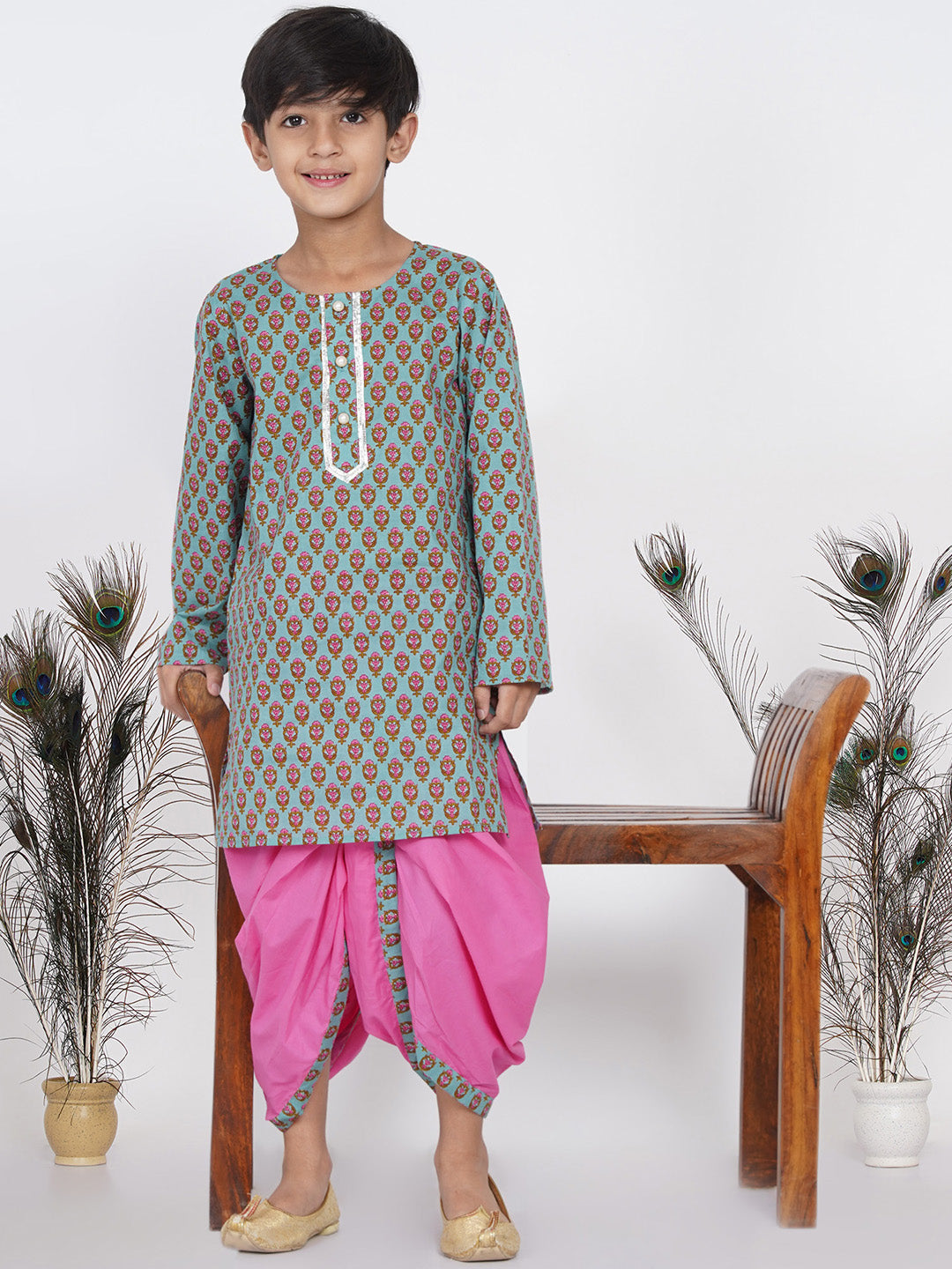 Boy's Floral Kurta with Pearl Buttons and Dhoti in Blue and Pink - Little Bansi Boys