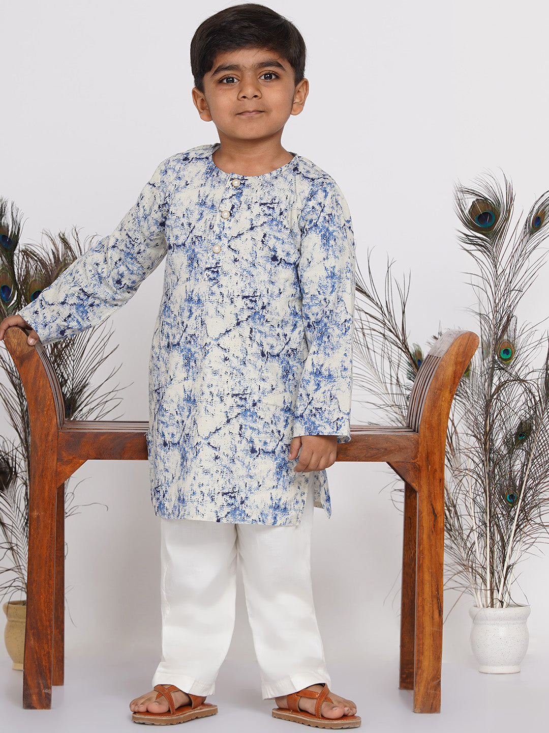Boy's Marble Print Kurta With Pant - Blue & Cream - Little Bansi Boys