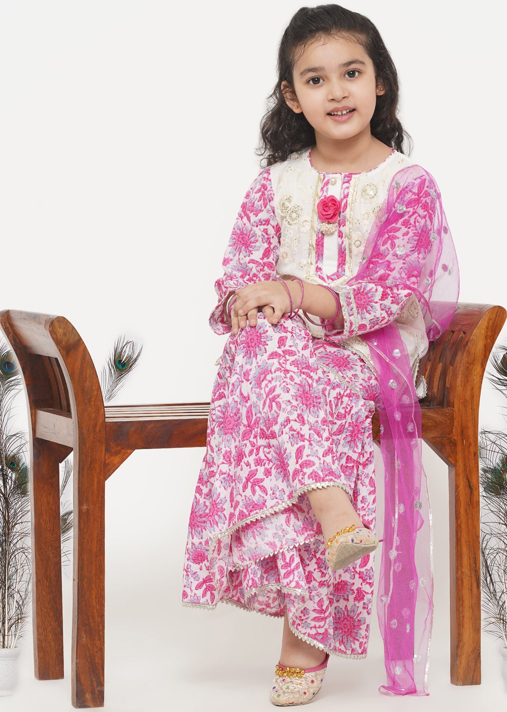 Girl's Cotton Floral Embroidery Kurta With Floral Detaling And And Floral Sharara With Dupatta - White And Pink - Little Bansi Girls