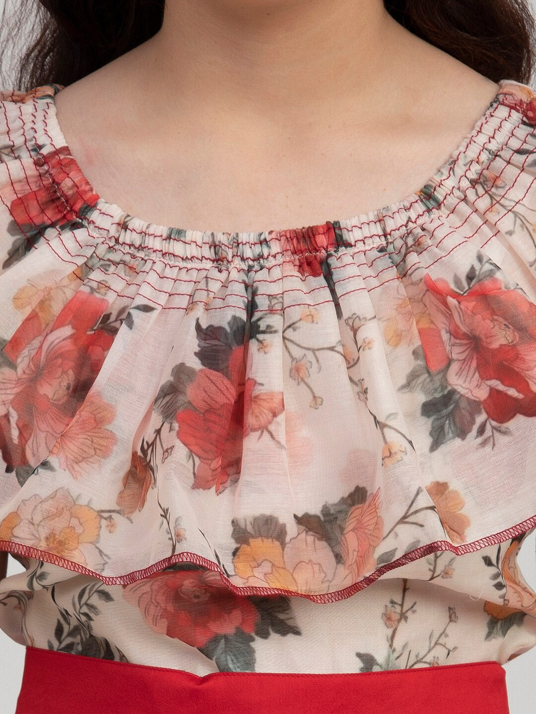 Girl's Off White & Red Floral Print Maxi Dress - NOZ2TOZ KIDS
