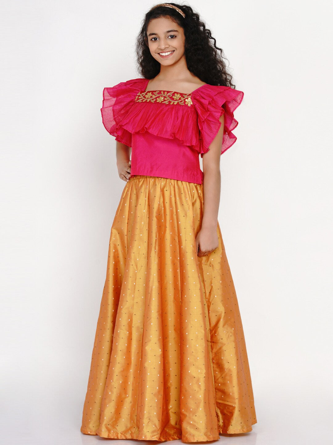 Girl's Pink & Orange Thread Work Ready to Wear Lehenga & Blouse - NOZ2TOZ KIDS