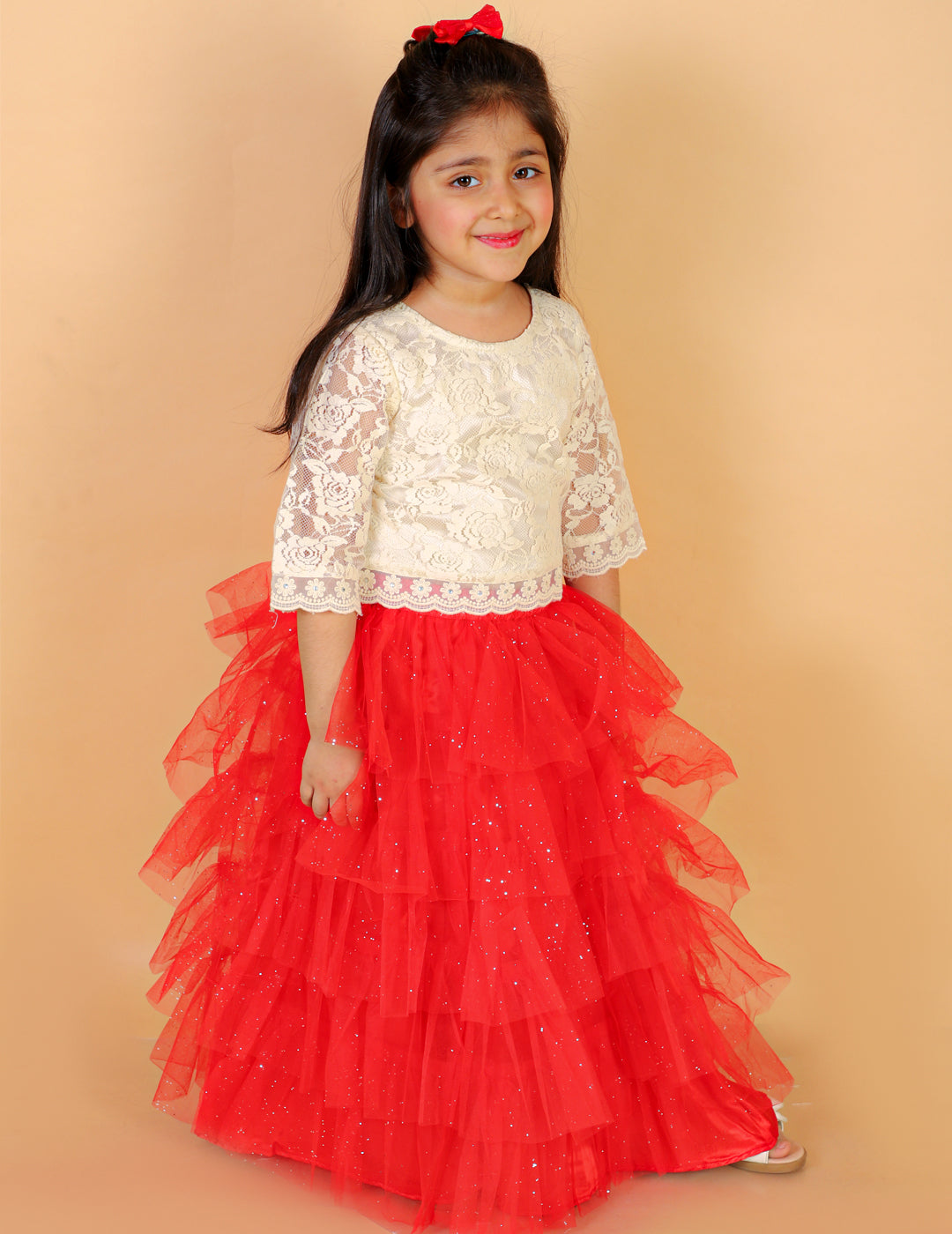 Girl's Lace Top With Organza Embroidered Detailst At Hem & Mesh Glitter Layered Skirt-Red - Lil Peacock