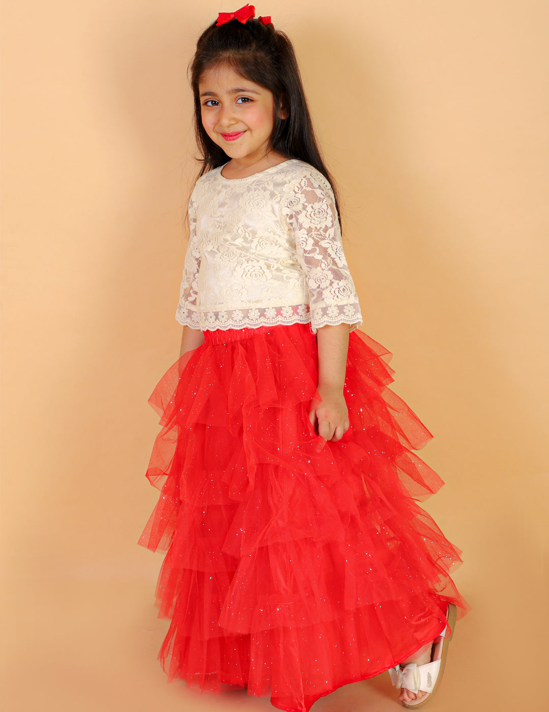 Girl's Lace Top With Organza Embroidered Detailst At Hem & Mesh Glitter Layered Skirt-Red - Lil Peacock