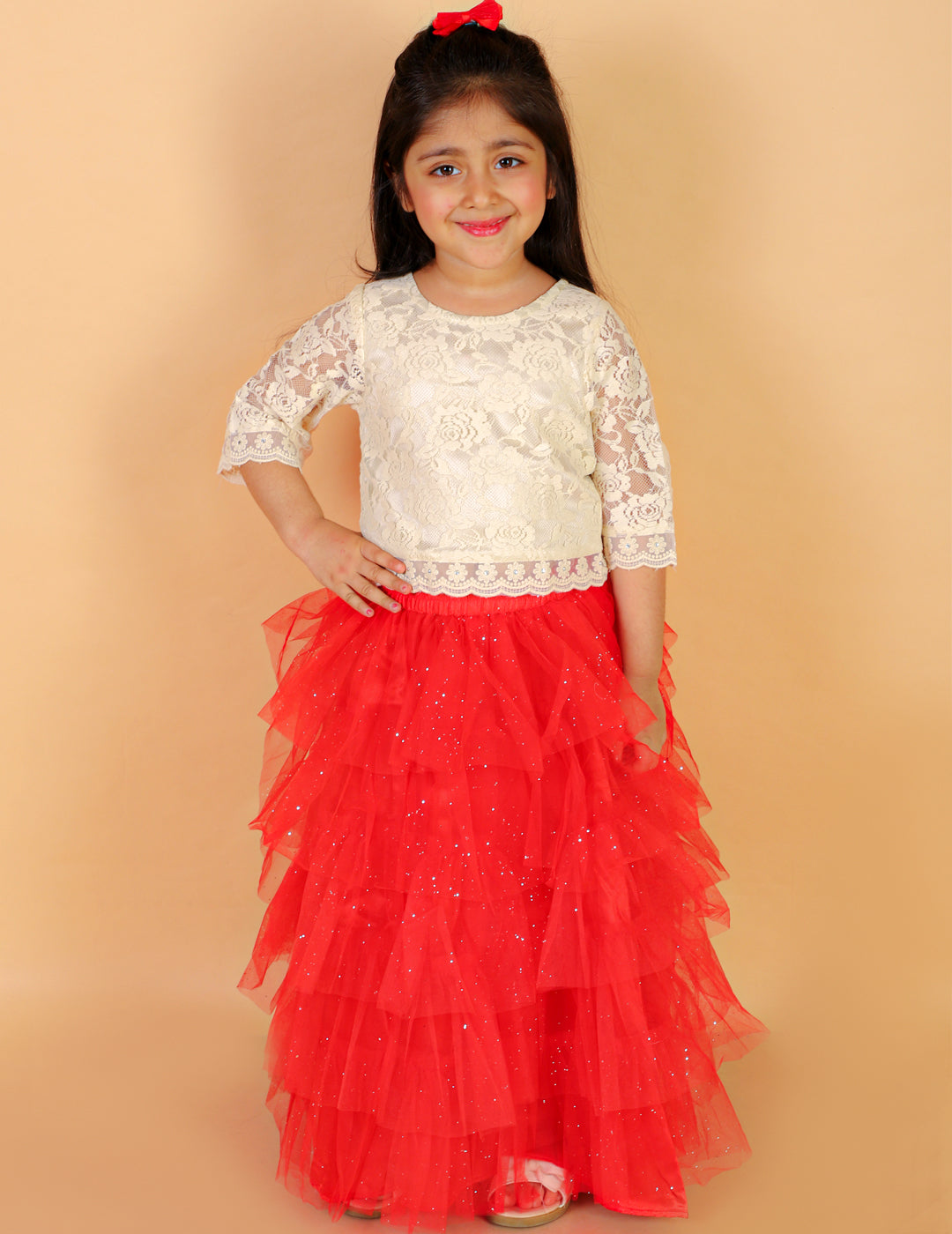 Girl's Lace Top With Organza Embroidered Detailst At Hem & Mesh Glitter Layered Skirt-Red - Lil Peacock