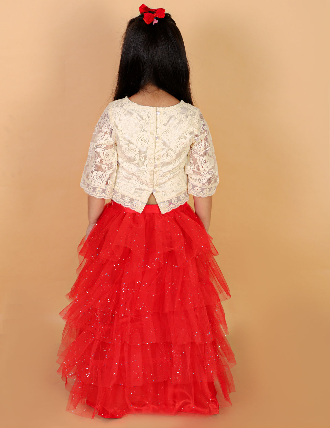 Girl's Lace Top With Organza Embroidered Detailst At Hem & Mesh Glitter Layered Skirt-Red - Lil Peacock