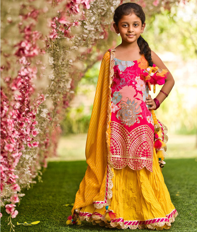 Girl's Pink Georgette Print Kurti And Yellow Ghagraa Dupatta - Fayon Kids