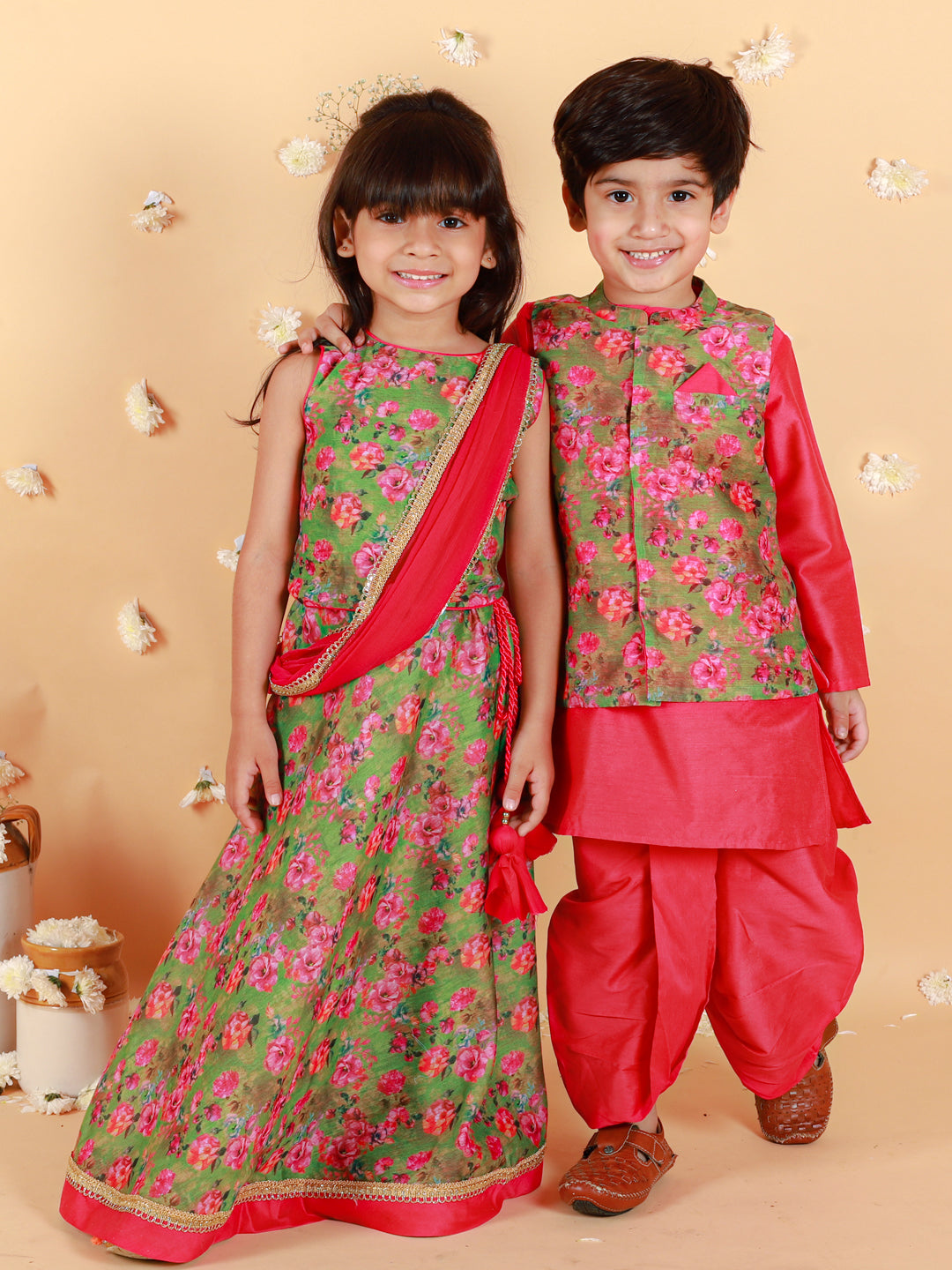 Girl's Floral Print Choli With Back Open & Umbrella Ghaghra With Chiffon Drape Dupatta & Latkan-Mehendi Green - Lil Peacock