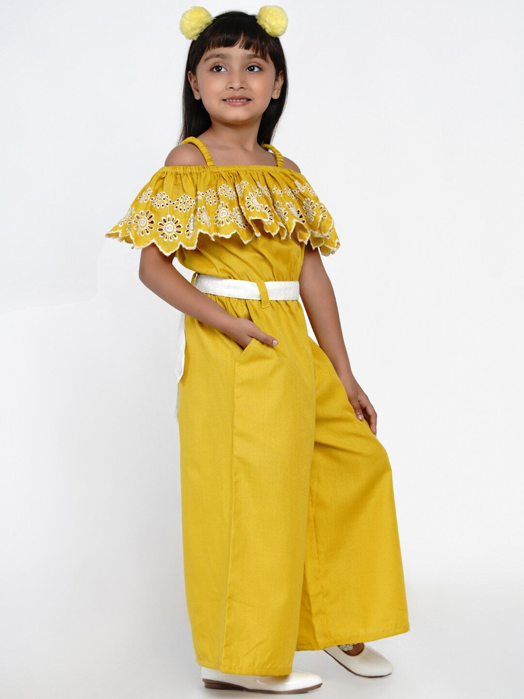 Girl's Mustard Yellow & White Off-Shoulder Schiffli Basic Jumpsuit - NOZ2TOZ KIDS