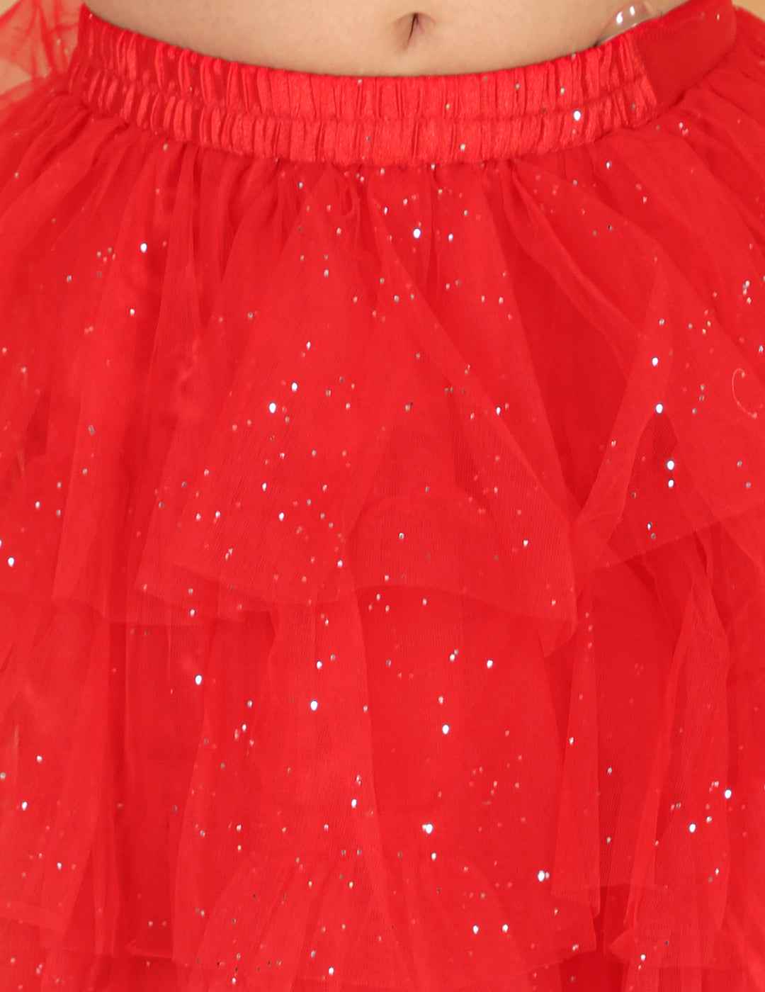 Girl's Lace Top With Organza Embroidered Detailst At Hem & Mesh Glitter Layered Skirt-Red - Lil Peacock