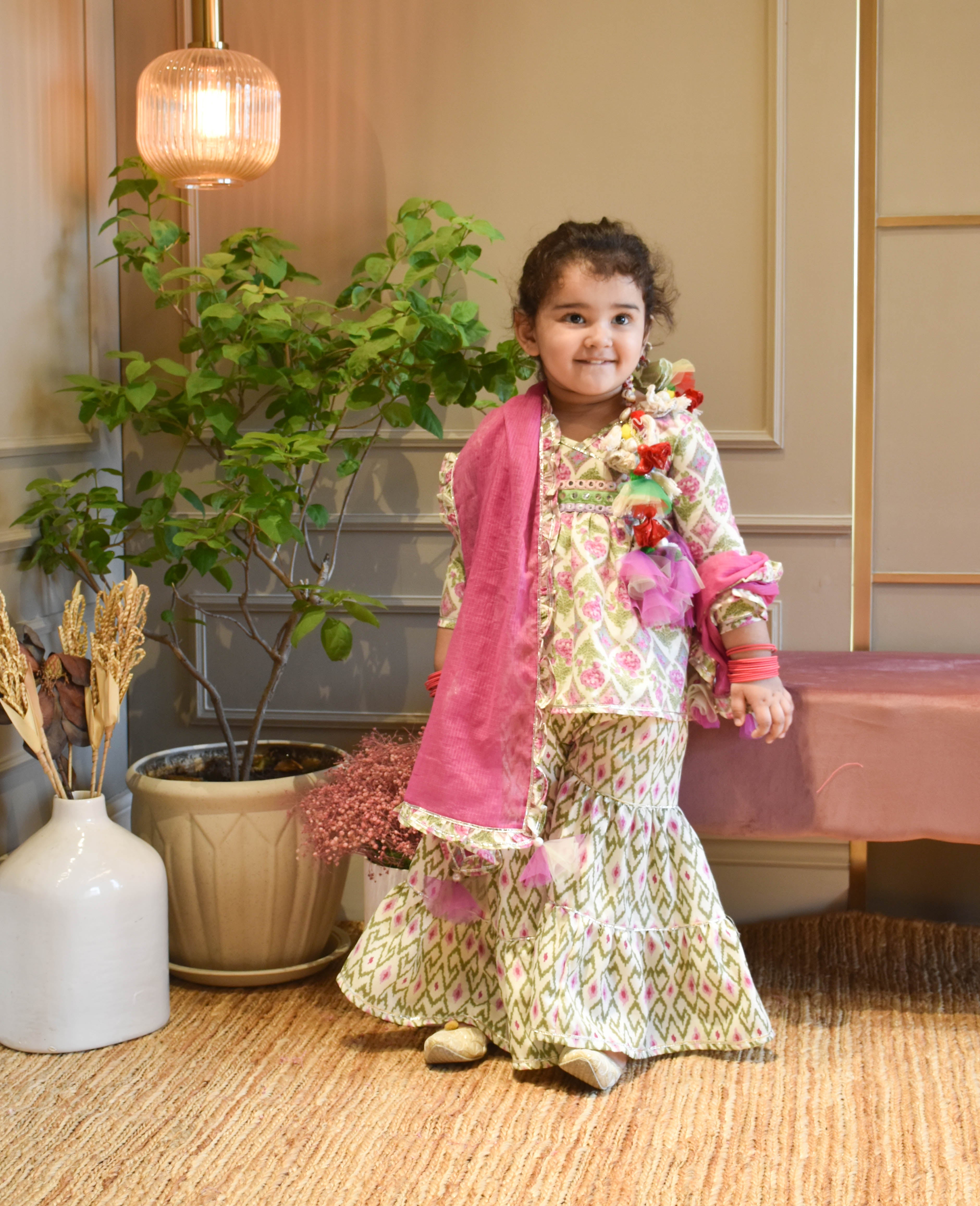 Girl's Lilac Floral Print Kurti Sharara - Fayon Kids