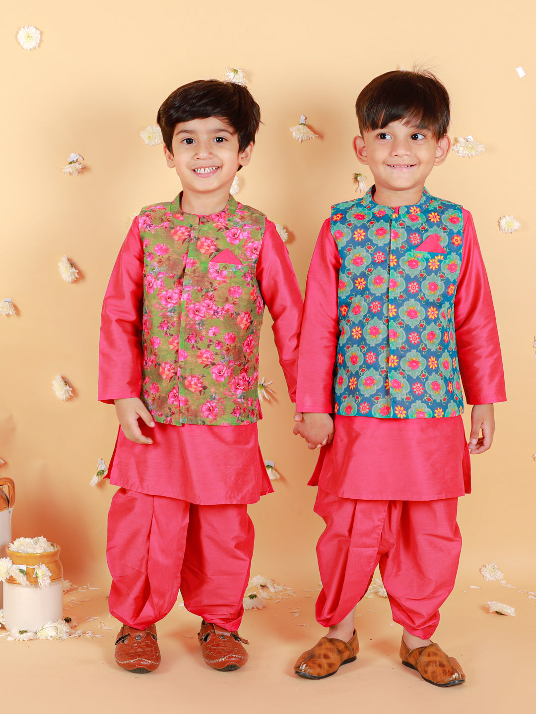 Boy's Cotton Silk Kurta Dhoti Set With Digital Floral Print Jacket Set-Fuschia - Lil Peacock