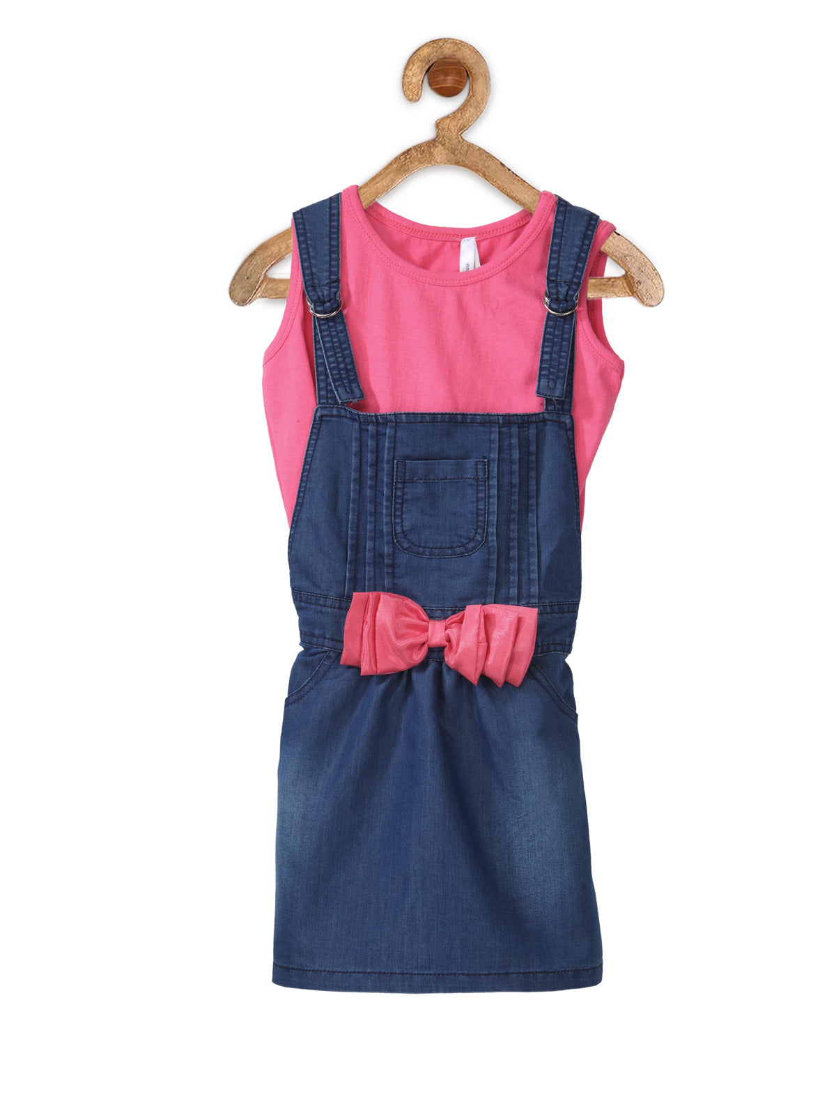 Girl's Denim Pink Bow Dungaree Dress With Fuschia Sleeveless Top - Sty Trendia Kids Girl's Denim Pink Bow Dungaree Dress With Fuschia Sleeveless Top - Sty Trendia Kids