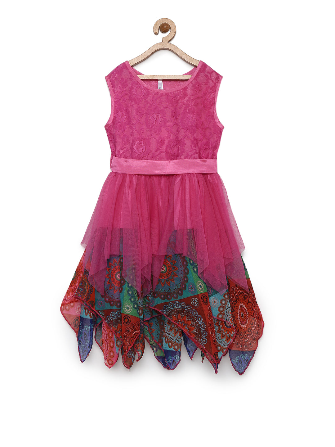 Girl's  Pink Asymmetrical Hemline Lace And Net Tiered Dress - StyleStone Kid