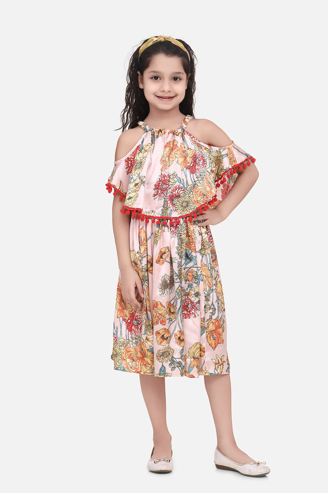 Girl's Denim And Floral Cotton Printed Dress - StyleStone Kid