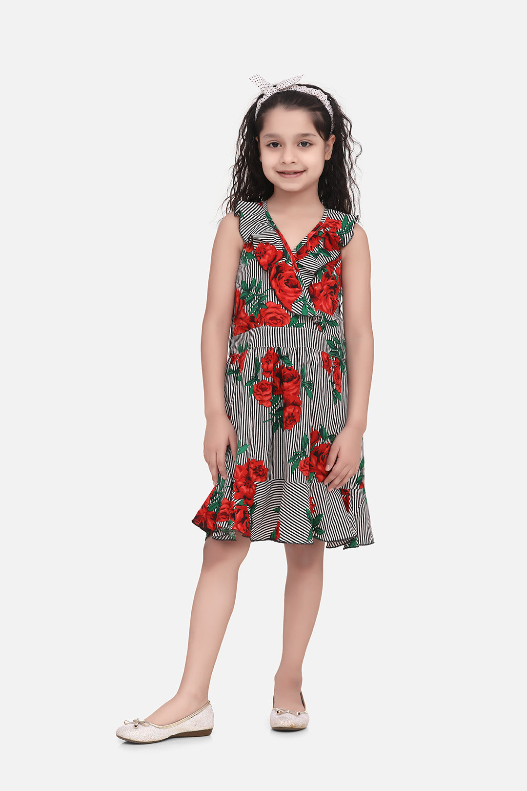 Girl's  Navy Floral Printed Satin Dress With Pom Pom Lace - StyleStone Kid