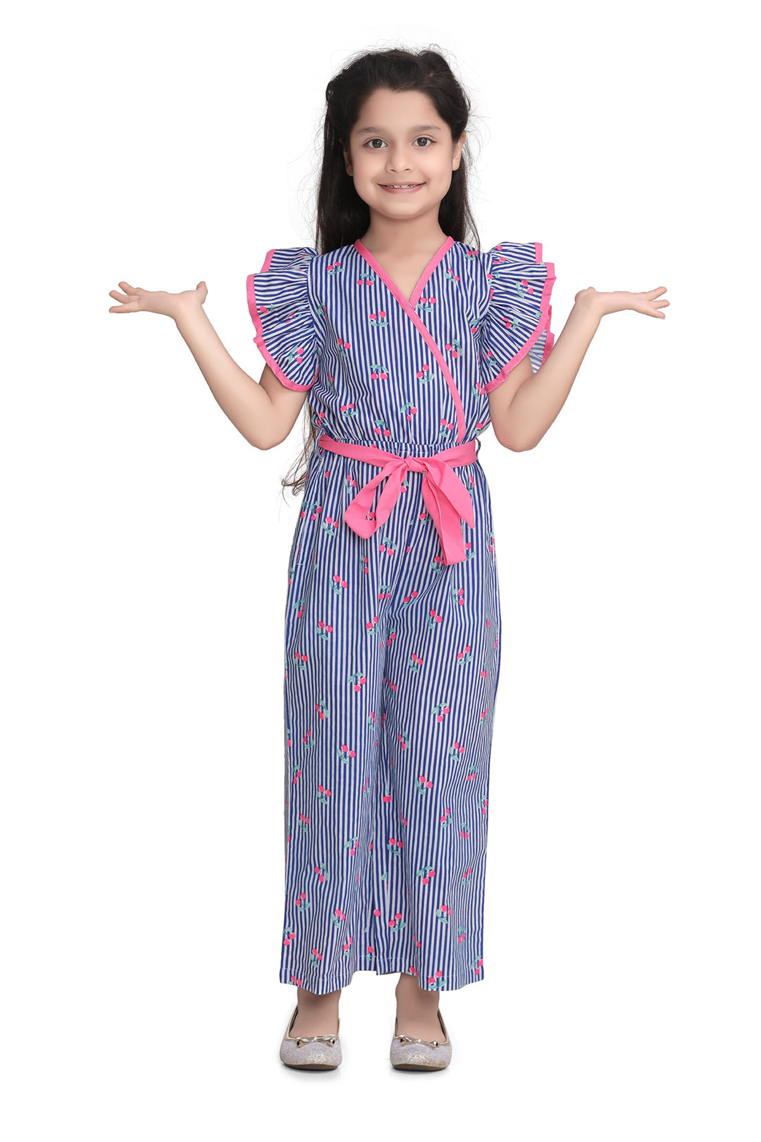 Girl's  Cotton Turquoise Floral Ruffle Sleeve Jumpsuit - StyleStone Kid