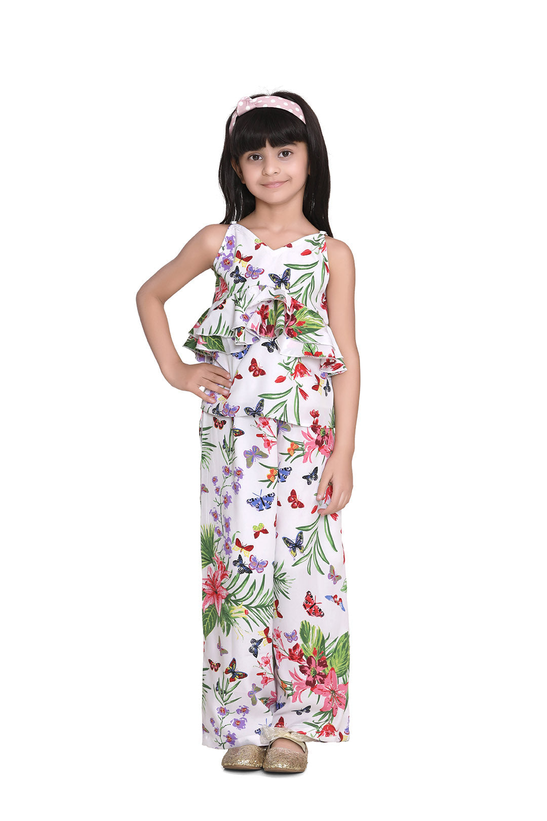 Girl's  Polyester Crepe Pink Floral Bell Sleeve Jumpsuit - StyleStone Kid