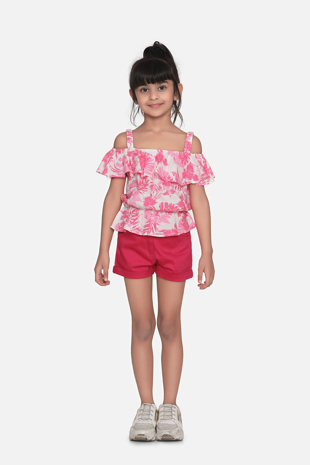 Girl's Rainbow Striped Top With Pink Shorts Set - StyleStone Kid