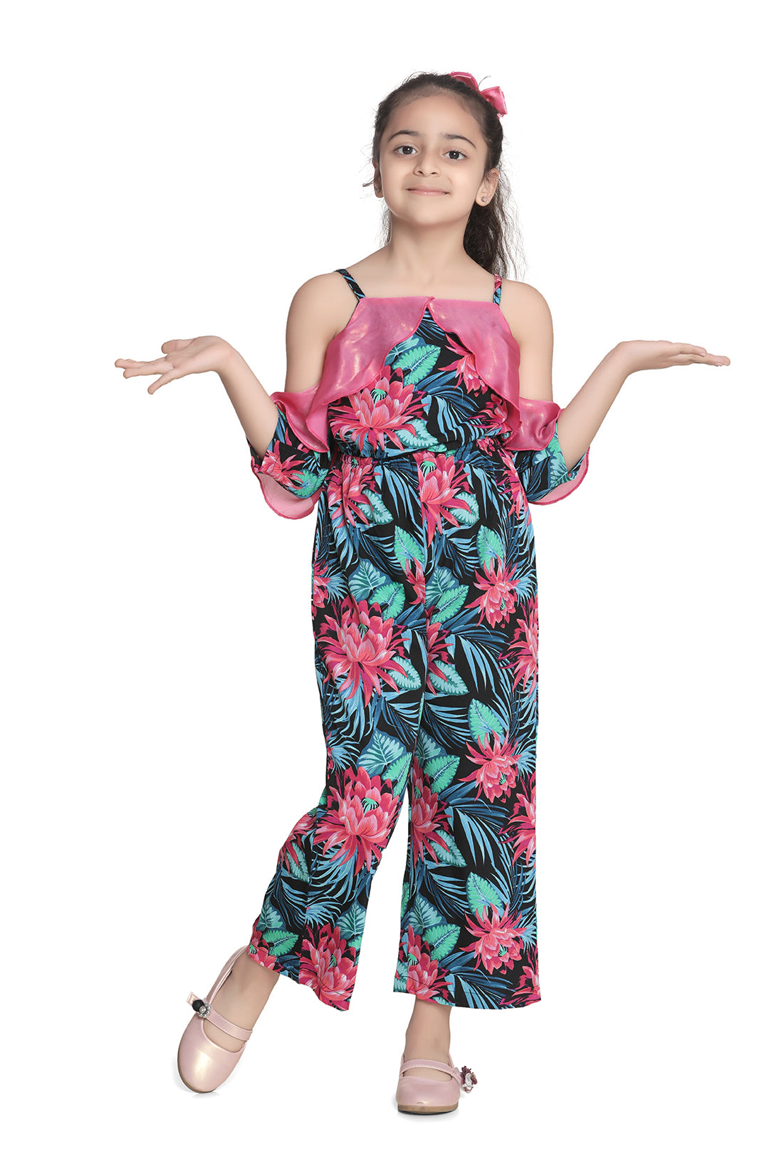 Girl's Green And Red Cherry Jumpsuit With Flutter Sleeves - StyleStone Kid