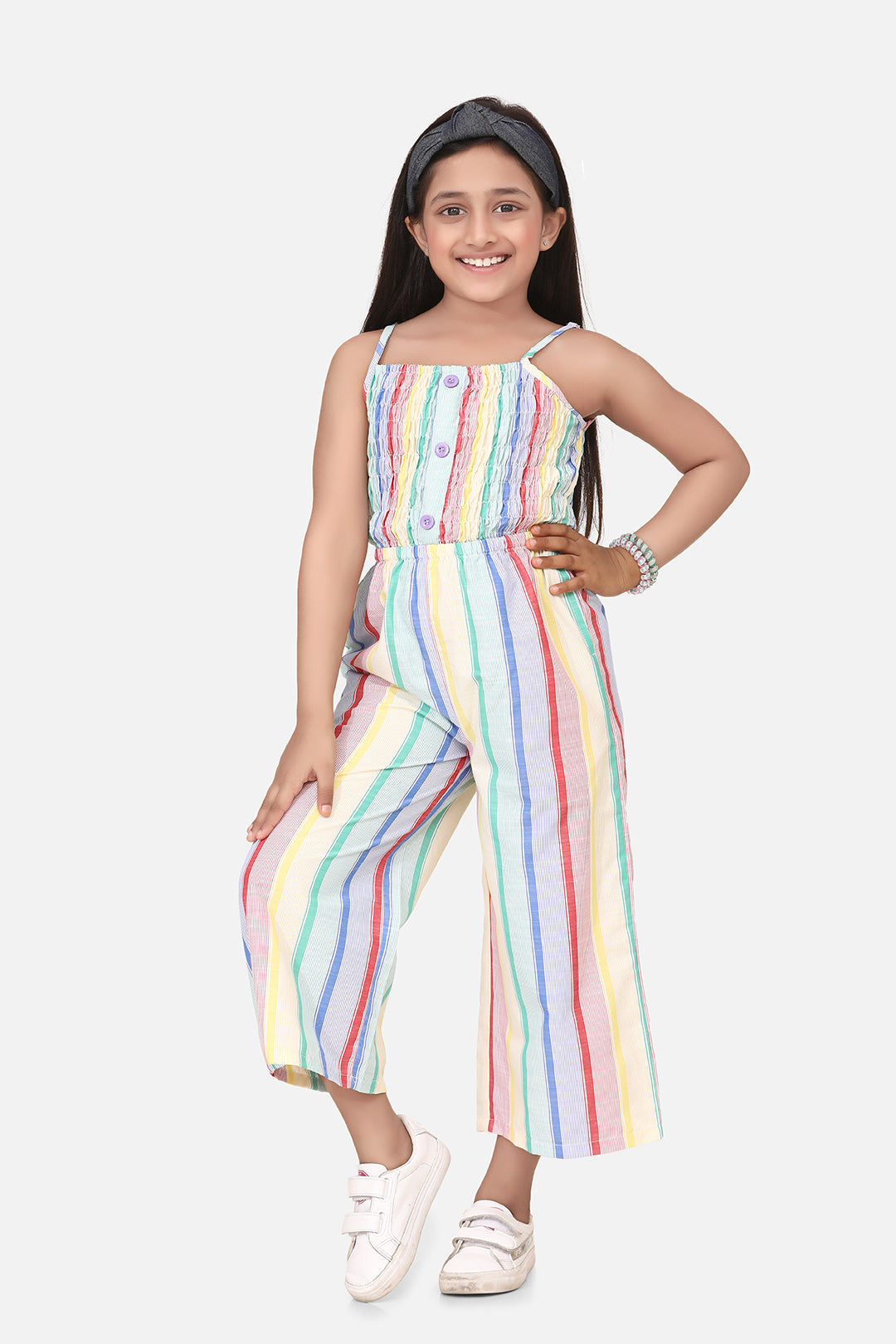 Girl's  Cotton Blend Blue Stripe 3/4Th Jumpsuit - StyleStone Kid