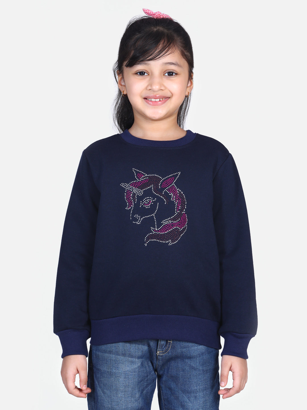 Girl's  Pink Crystal Unicorn Embellished Winter Sweatshirt - StyleStone Kid