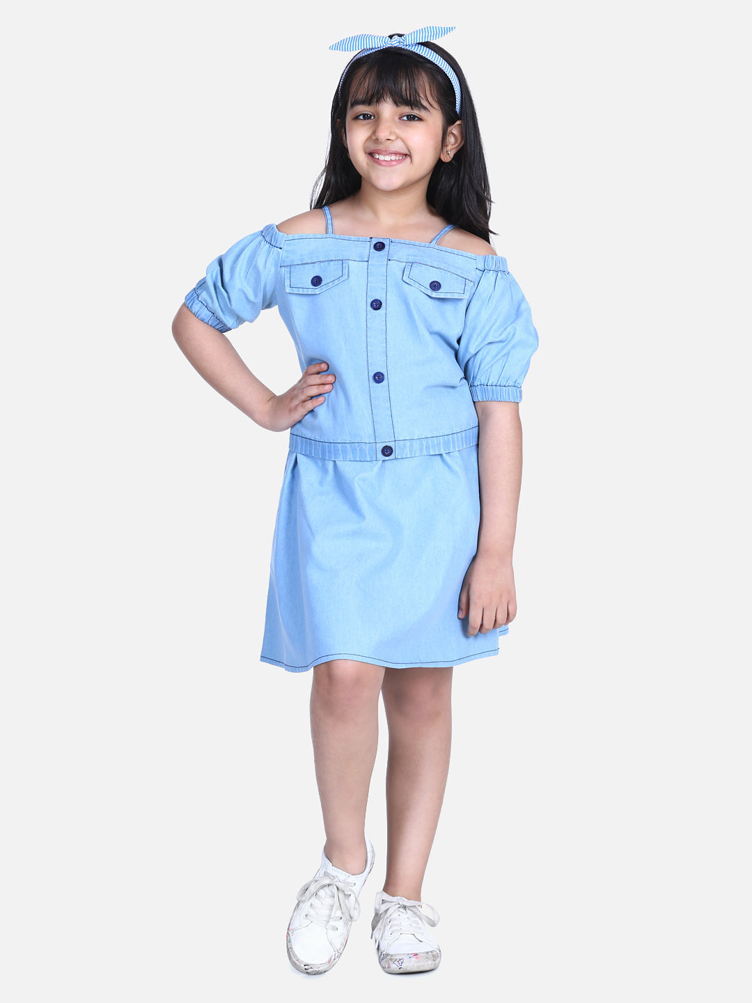 Girl's  Navy Blue Denim Top And Skirt Set - StyleStone Kid