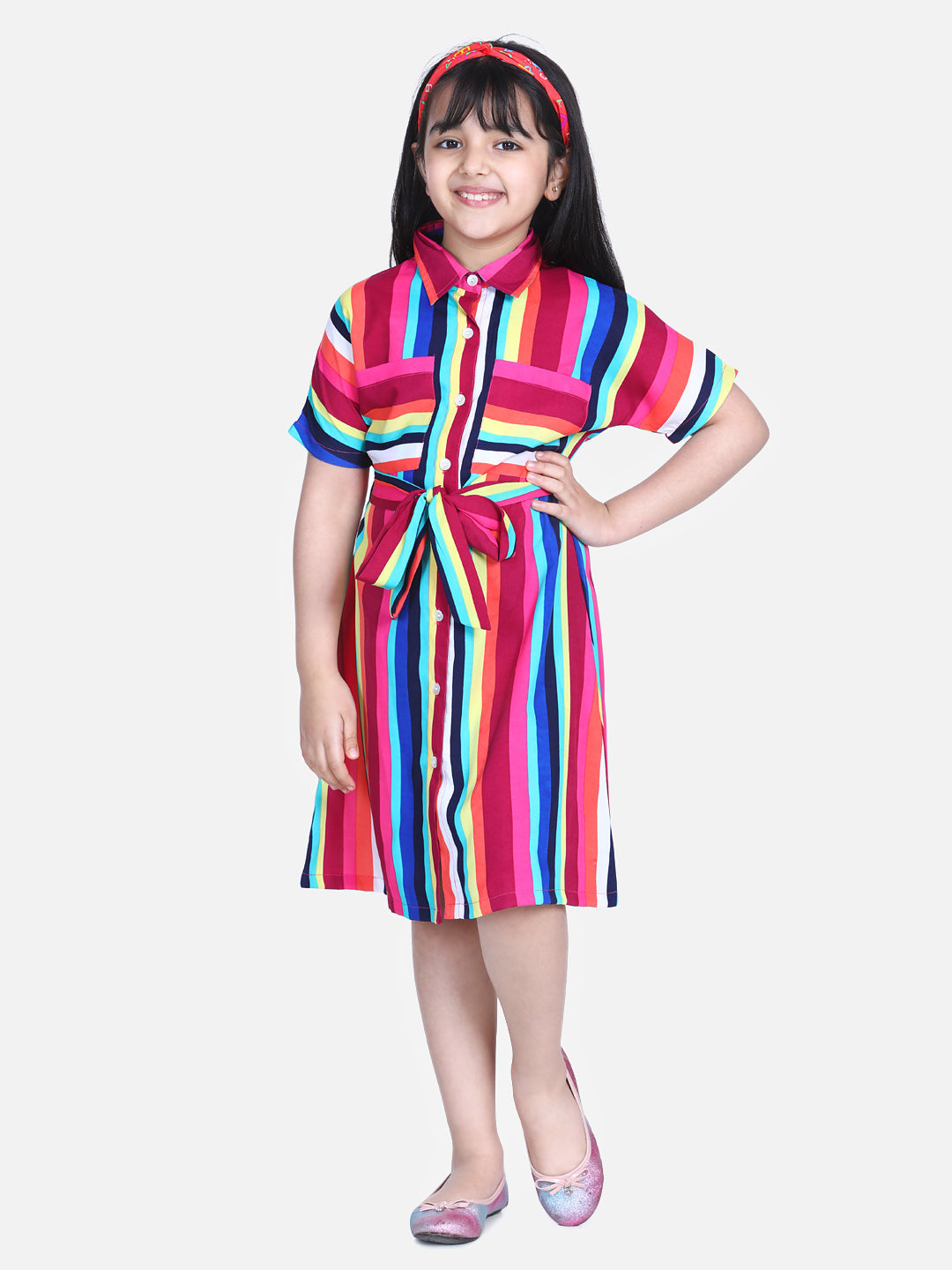 Girl's  Multi Colour Stripe Dress With Flap Detail - StyleStone Kid