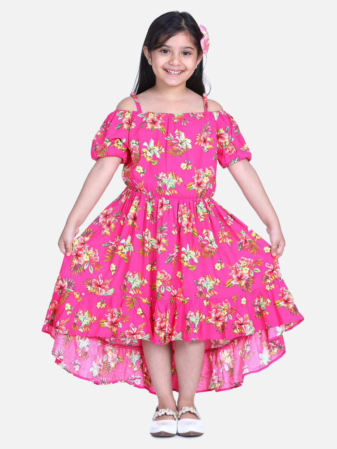 Girl's  Dark Pink Floral Hi Low Dress - StyleStone Kid
