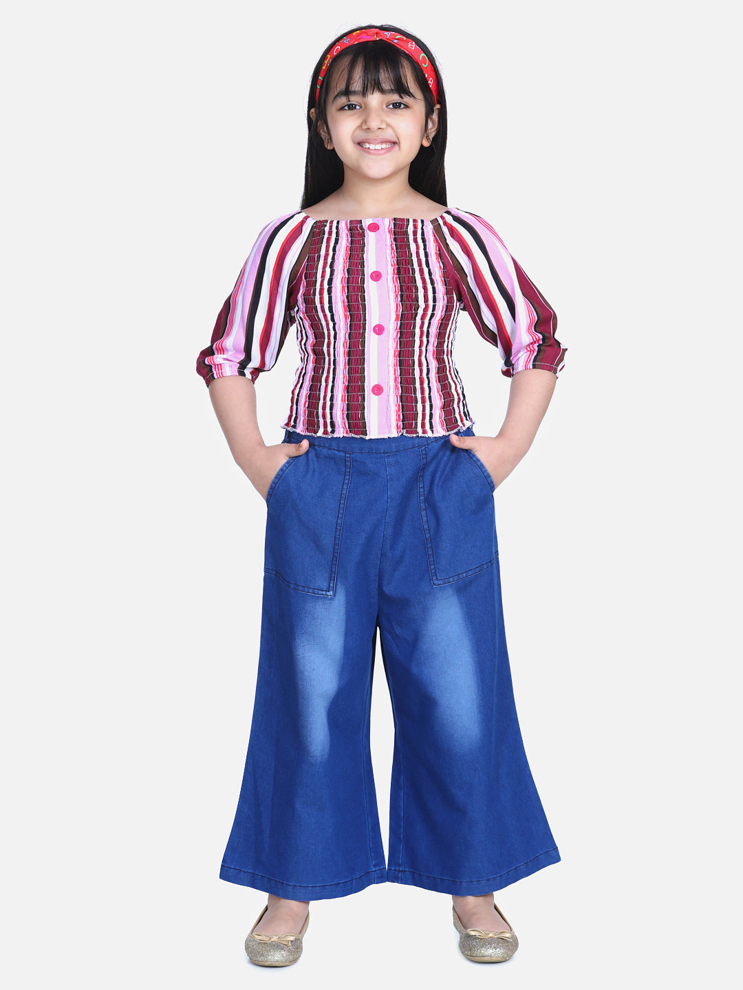 Girl's  Red Smocked Top With Denim Culottes - StyleStone Kid