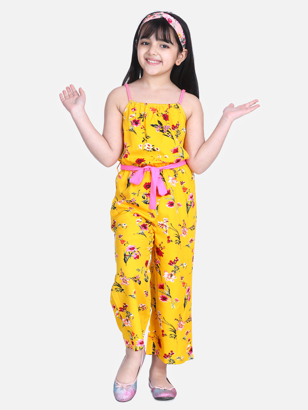 Girl's  Floral Print Jumpsuit With Braided Shoulder Straps - StyleStone Kid
