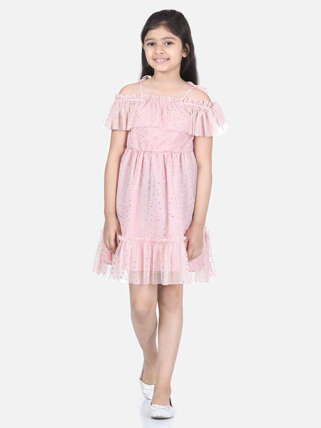 Girl's  Multi Coloured Cold Shoulder Dress With Lace Detail - StyleStone Kid